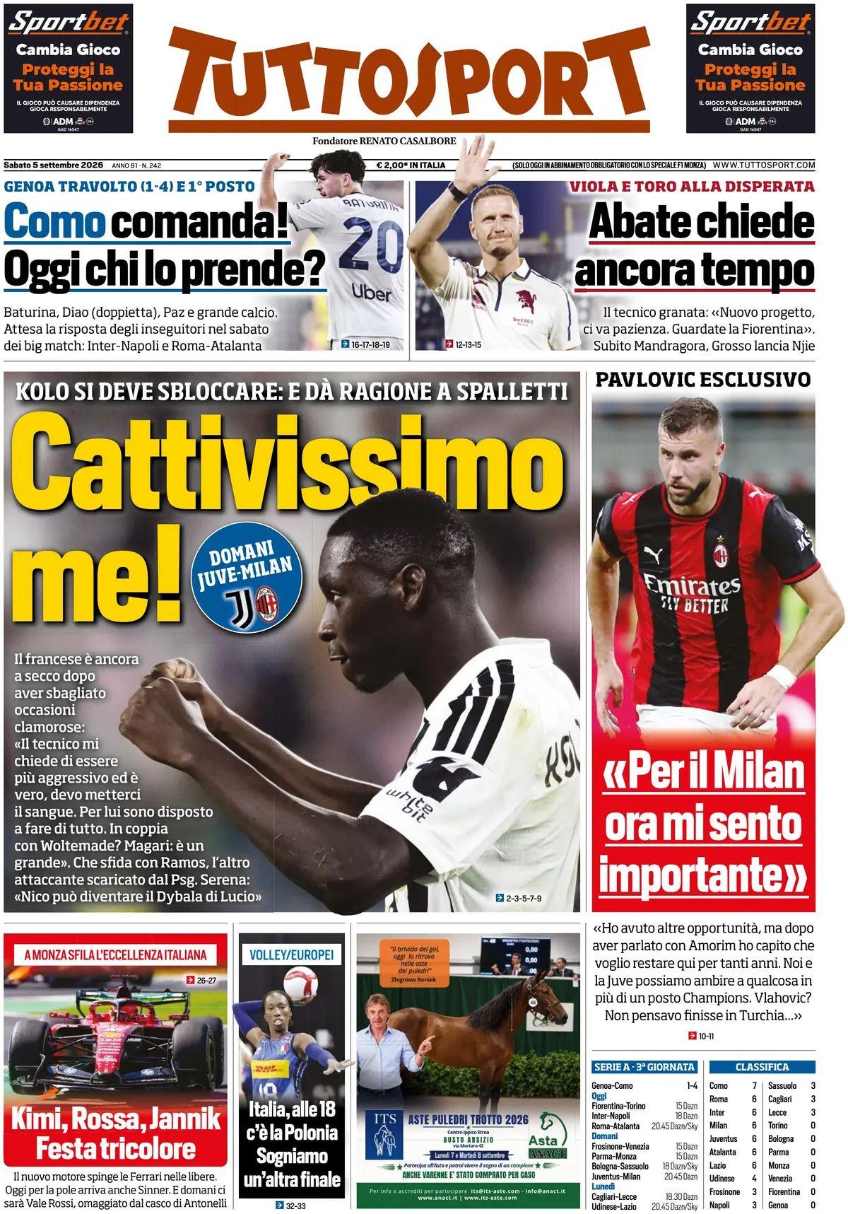 Prima Pagina Tuttosport 05/09/2026