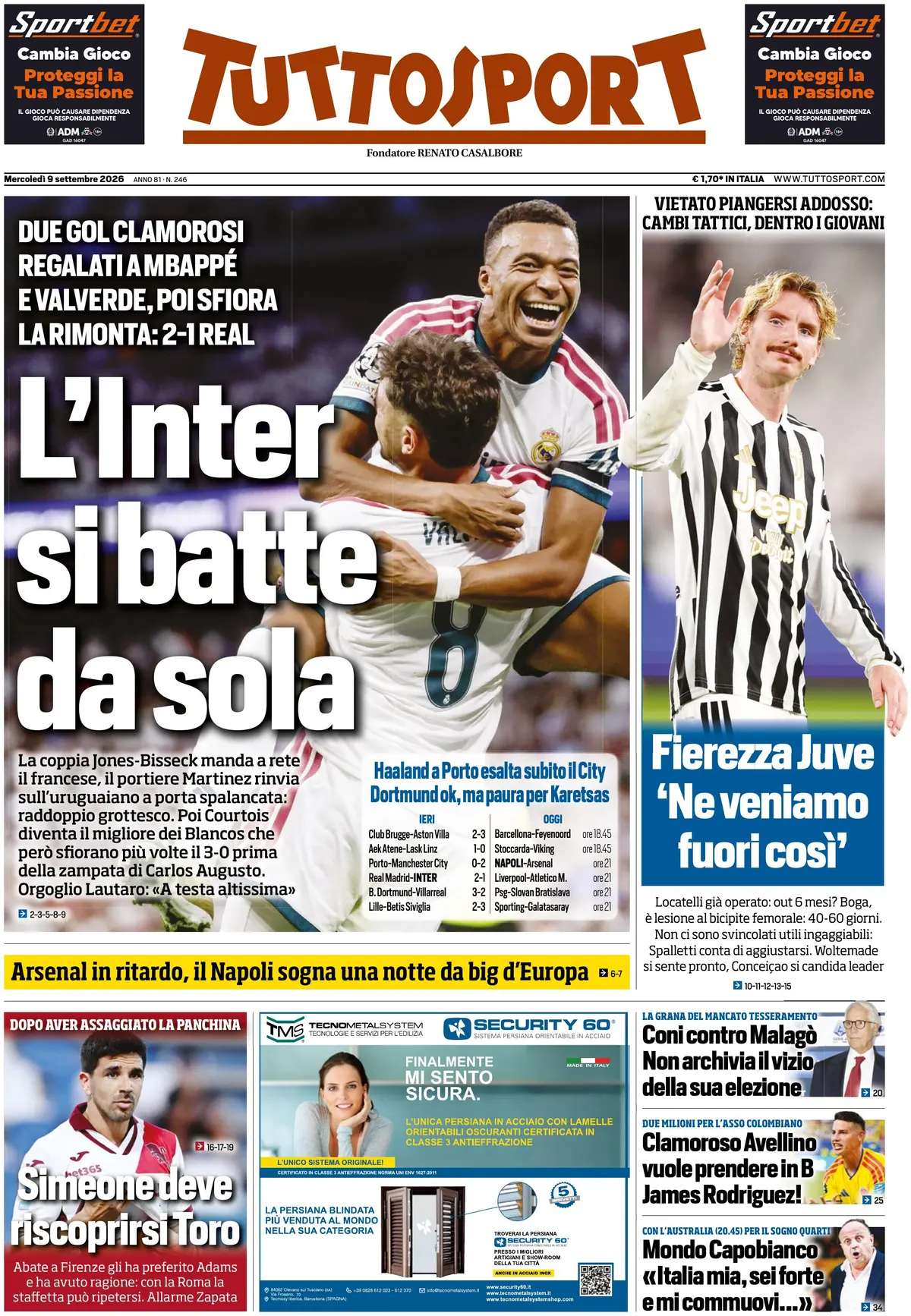 Prima Pagina Tuttosport 09/09/2026