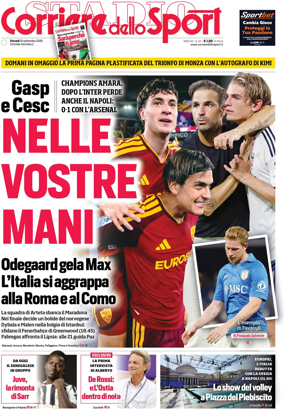 Prima Pagina Corriere dello Sport 10/09/2026