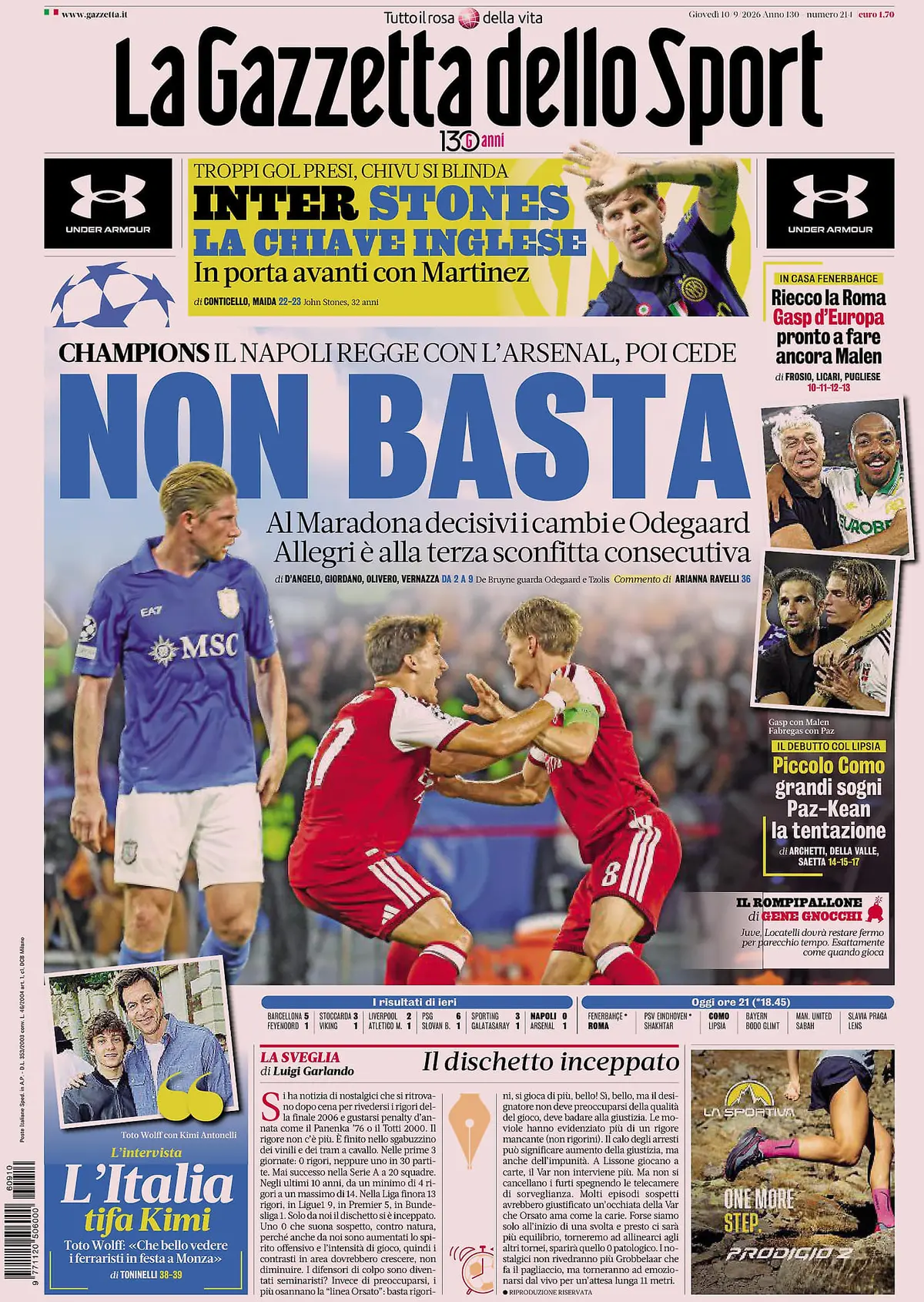Prima Pagina La Gazzetta dello Sport 10/09/2026