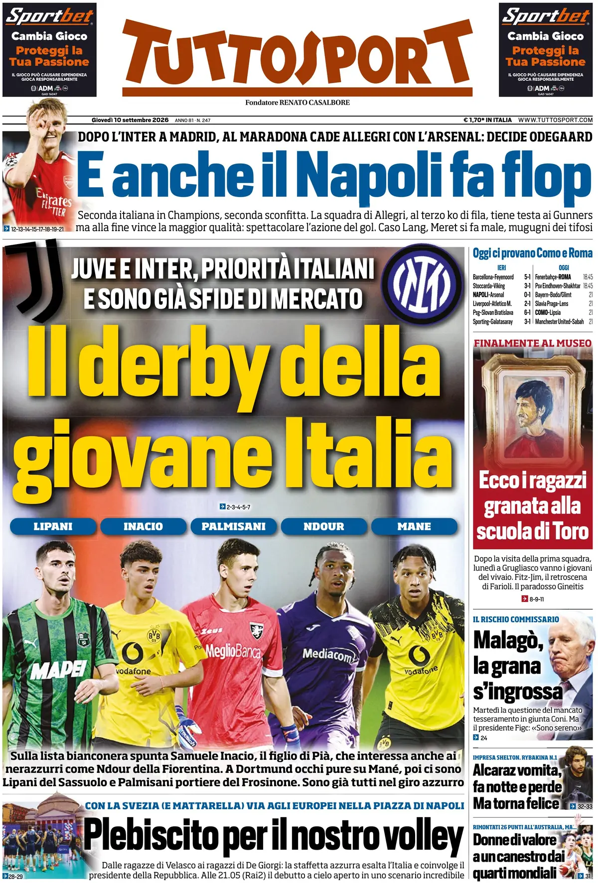 Prima Pagina Tuttosport 10/09/2026