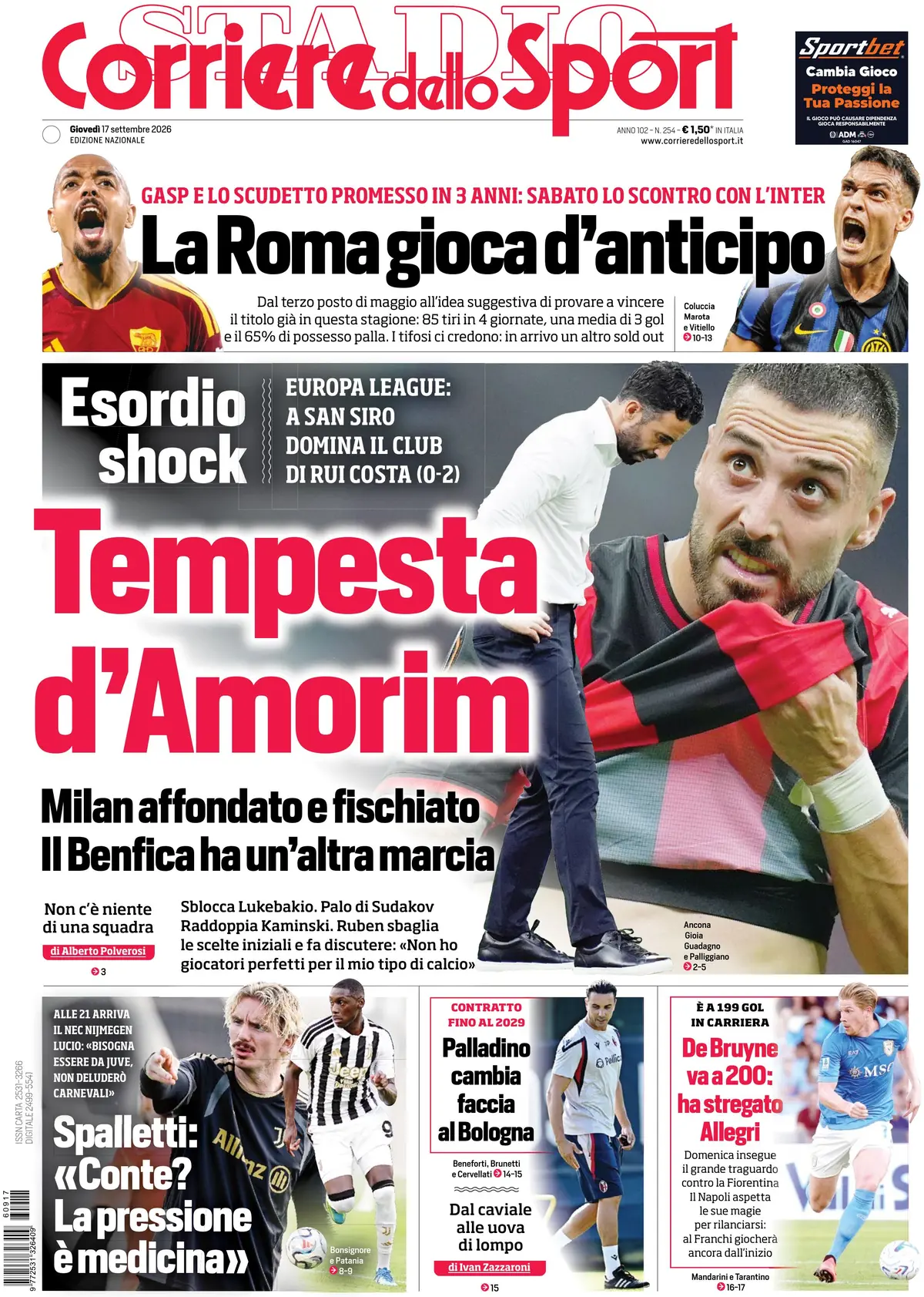 Prima Pagina Corriere dello Sport 17/09/2026
