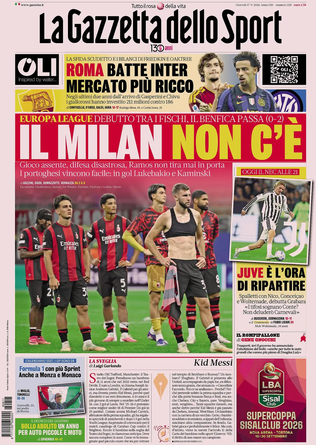 Prima Pagina La Gazzetta dello Sport 17/09/2026