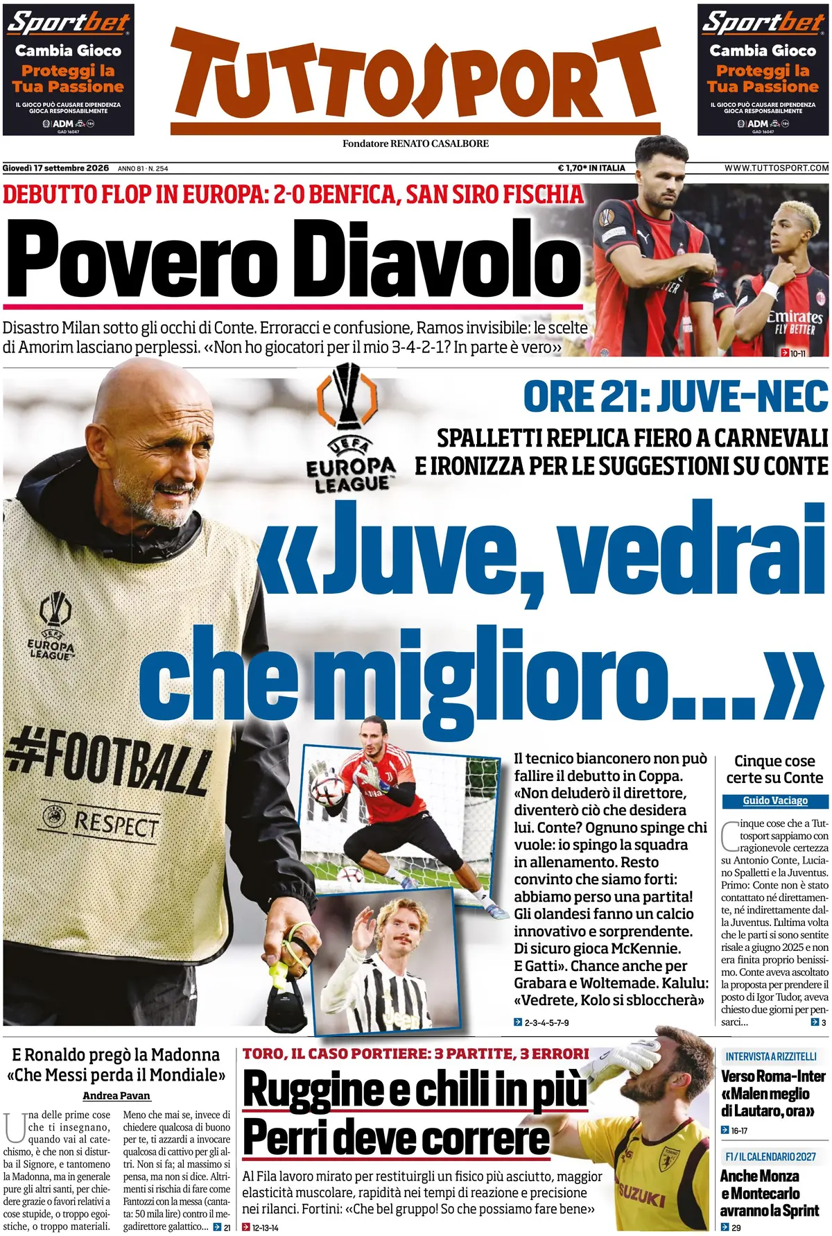 Prima Pagina Tuttosport 17/09/2026