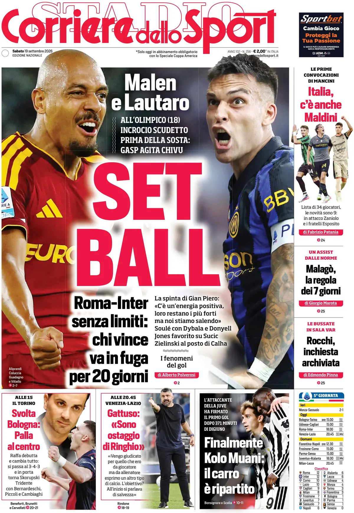 Prima Pagina Corriere dello Sport 19/09/2026