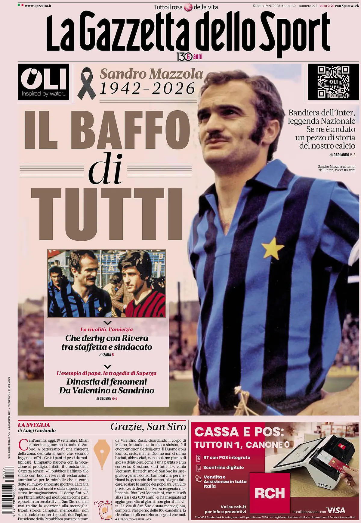 Prima Pagina La Gazzetta dello Sport 19/09/2026