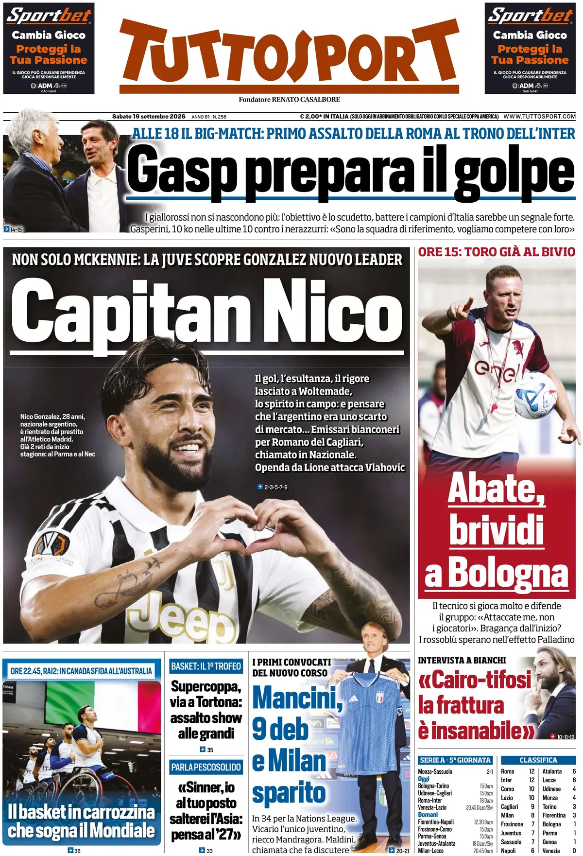 Prima Pagina Tuttosport 19/09/2026