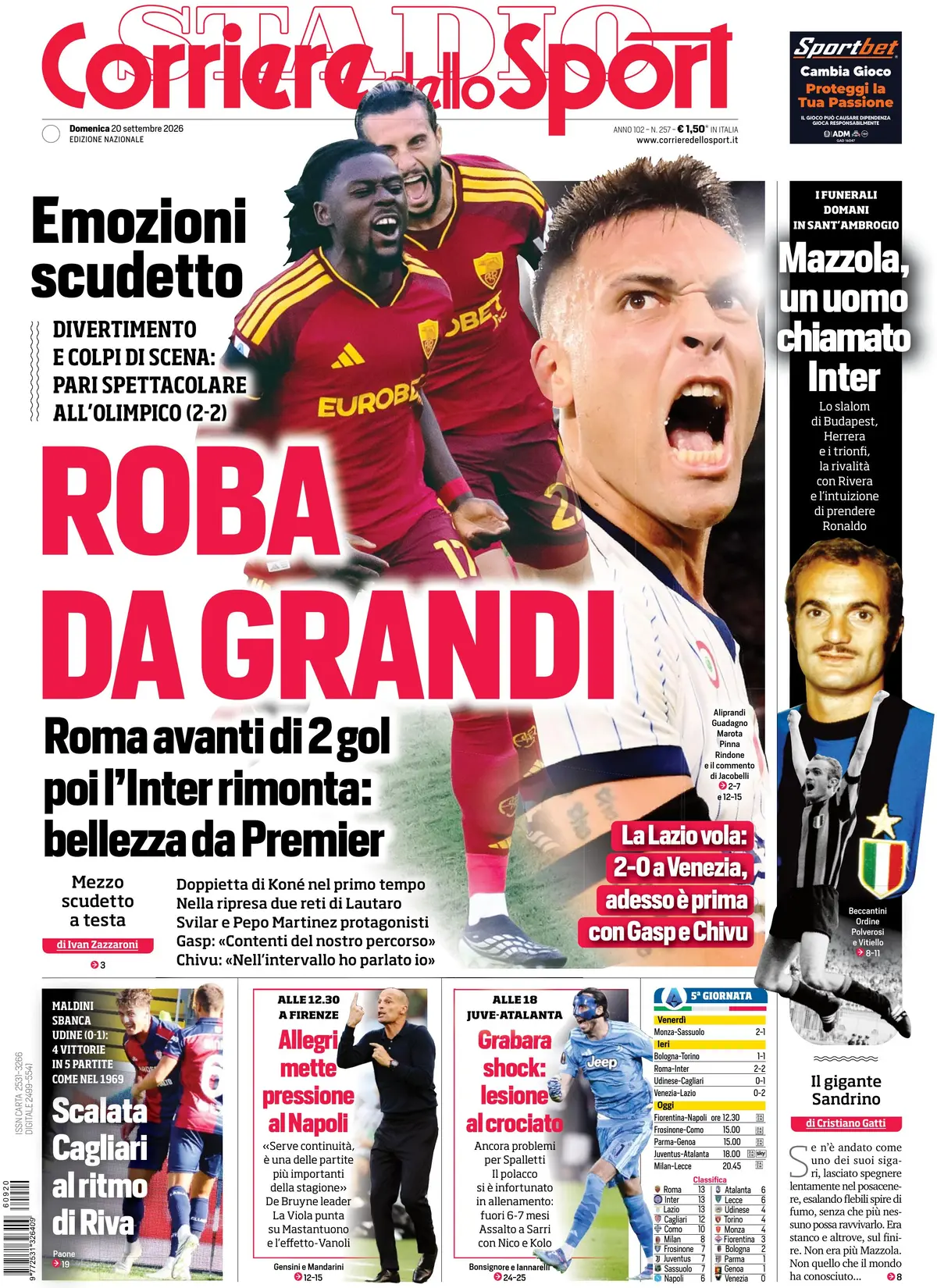 Prima Pagina Corriere dello Sport 20/09/2026