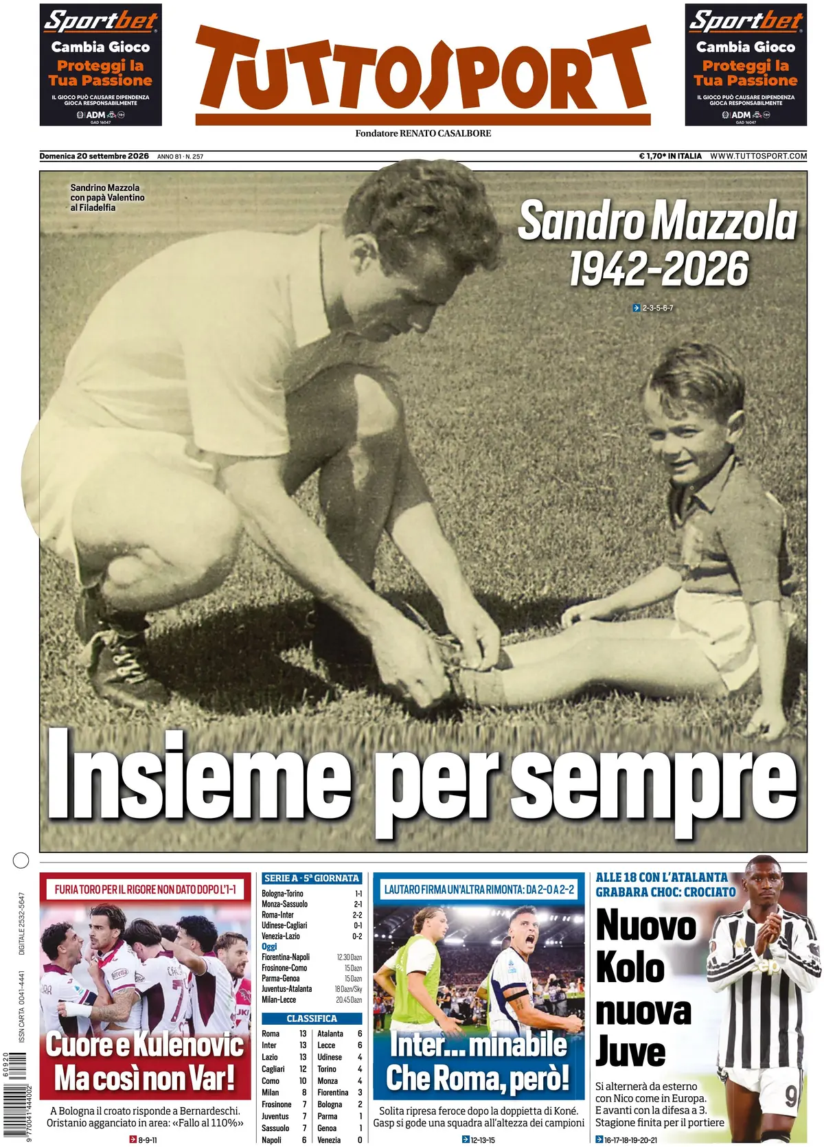 Prima Pagina Tuttosport 20/09/2026