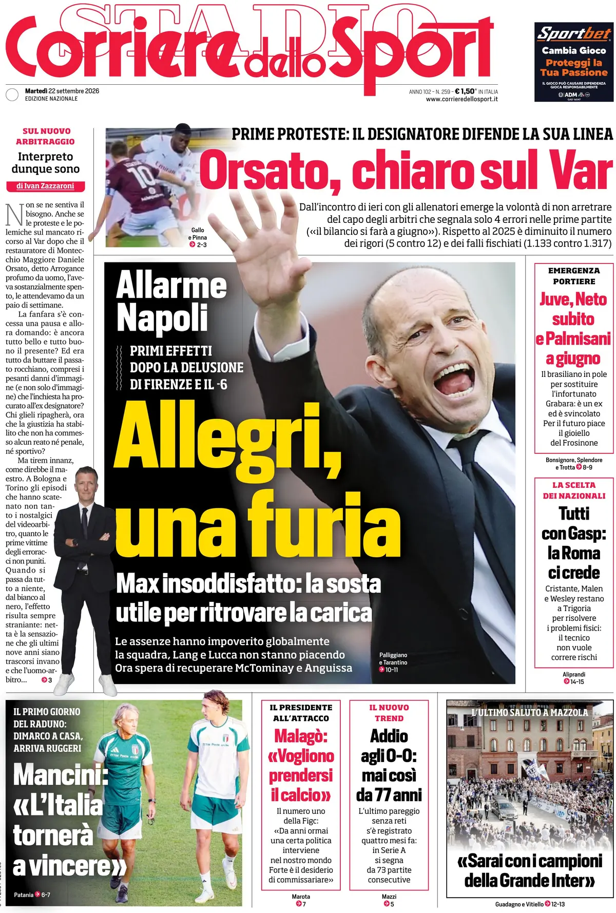 Prima Pagina Corriere dello Sport 22/09/2026