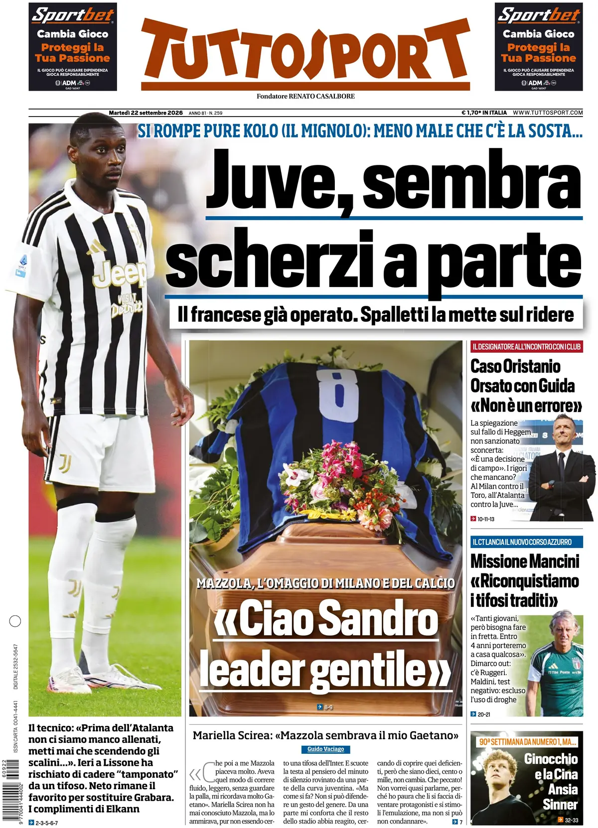 Prima Pagina Tuttosport 22/09/2026
