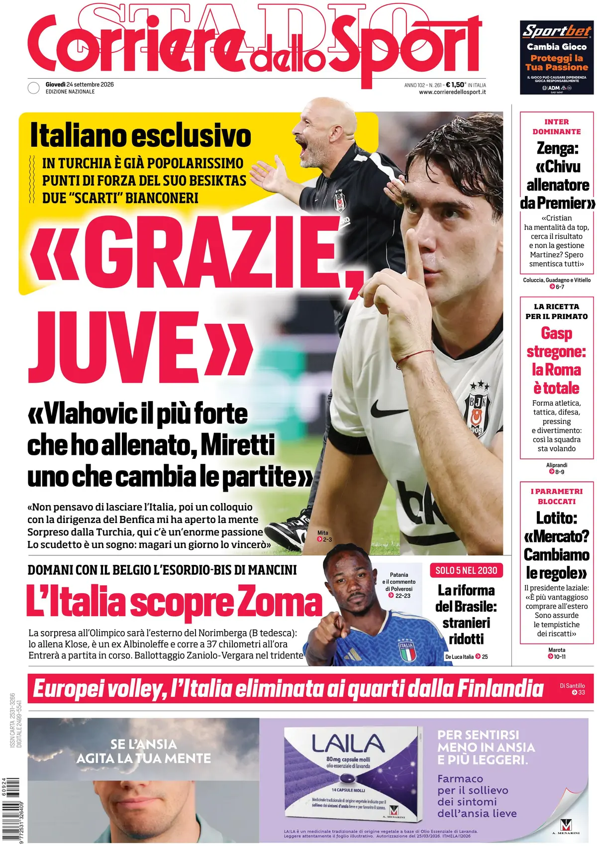Prima Pagina Corriere dello Sport 24/09/2026