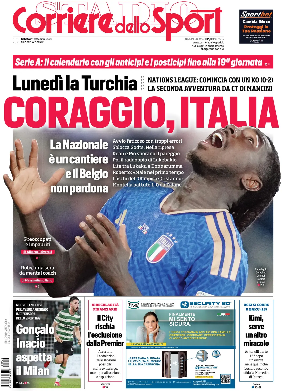 Prima Pagina Corriere dello Sport 26/09/2026