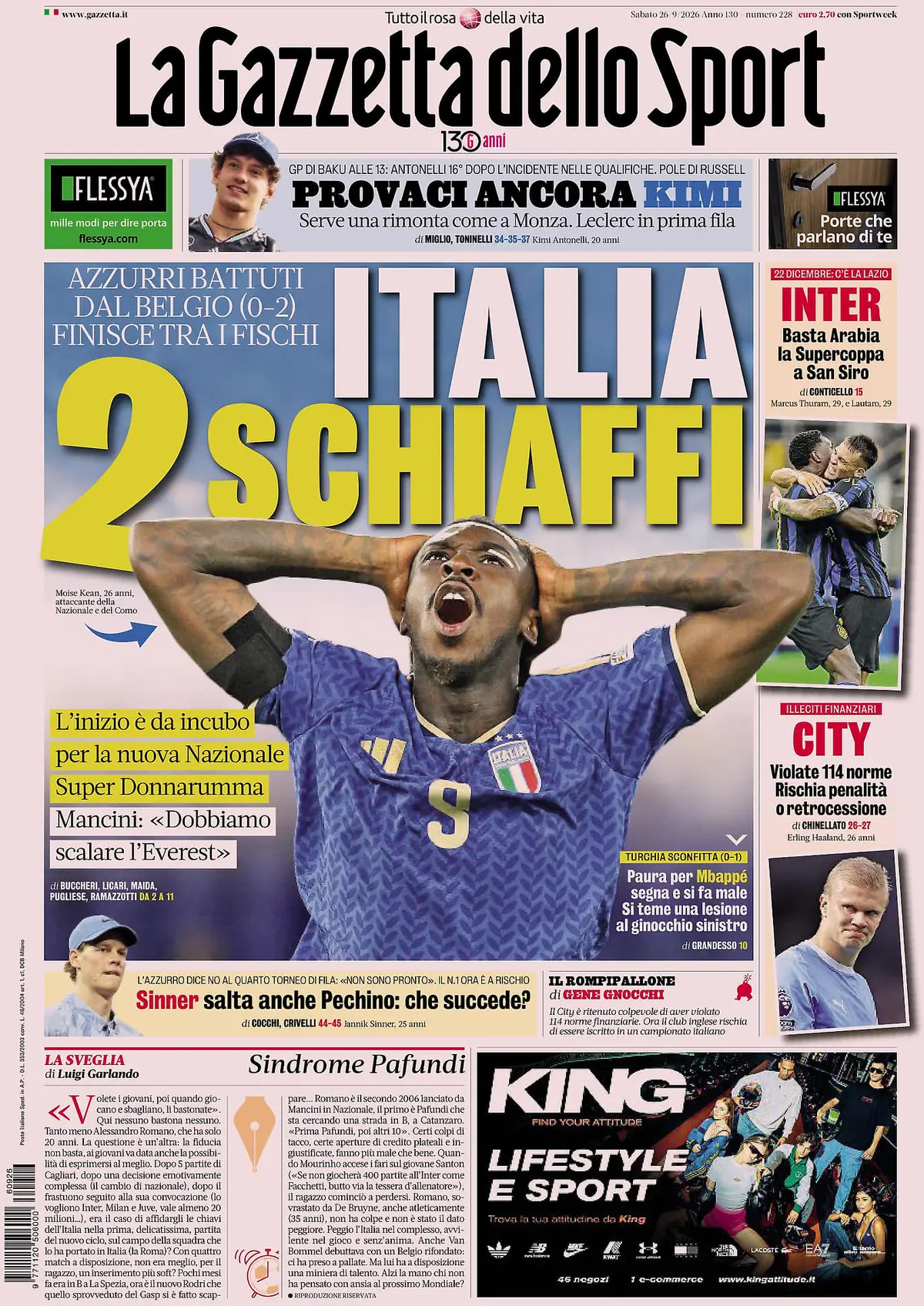 Prima Pagina La Gazzetta dello Sport 26/09/2026