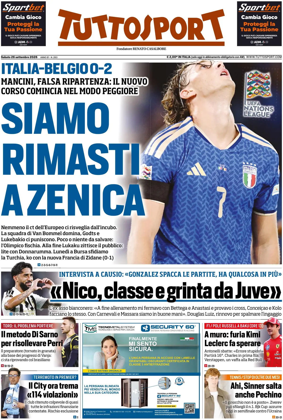 Prima Pagina Tuttosport 26/09/2026