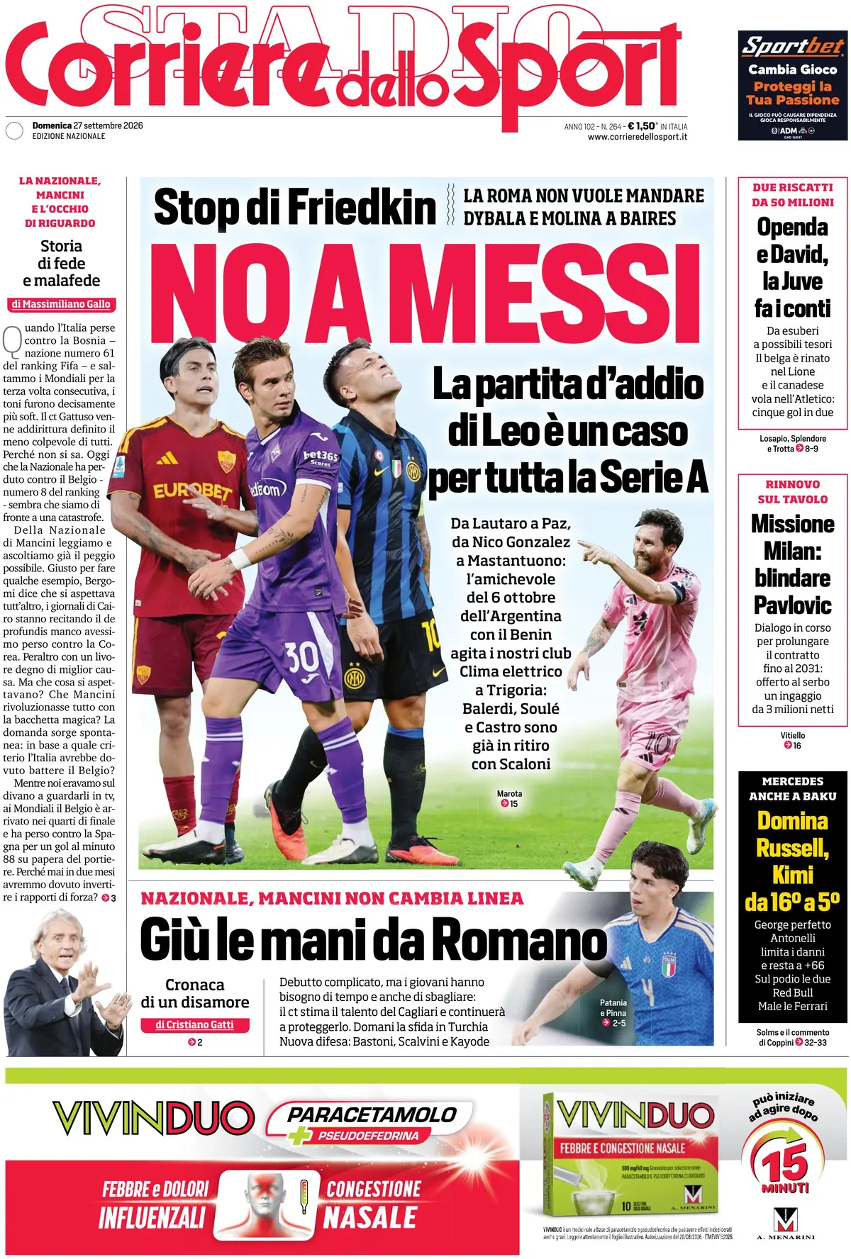 Prima Pagina Corriere dello Sport 27/09/2026