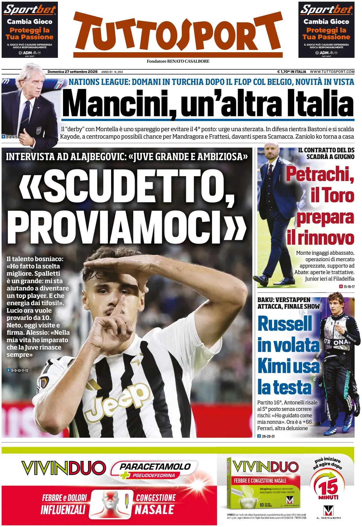 Prima Pagina Tuttosport 27/09/2026