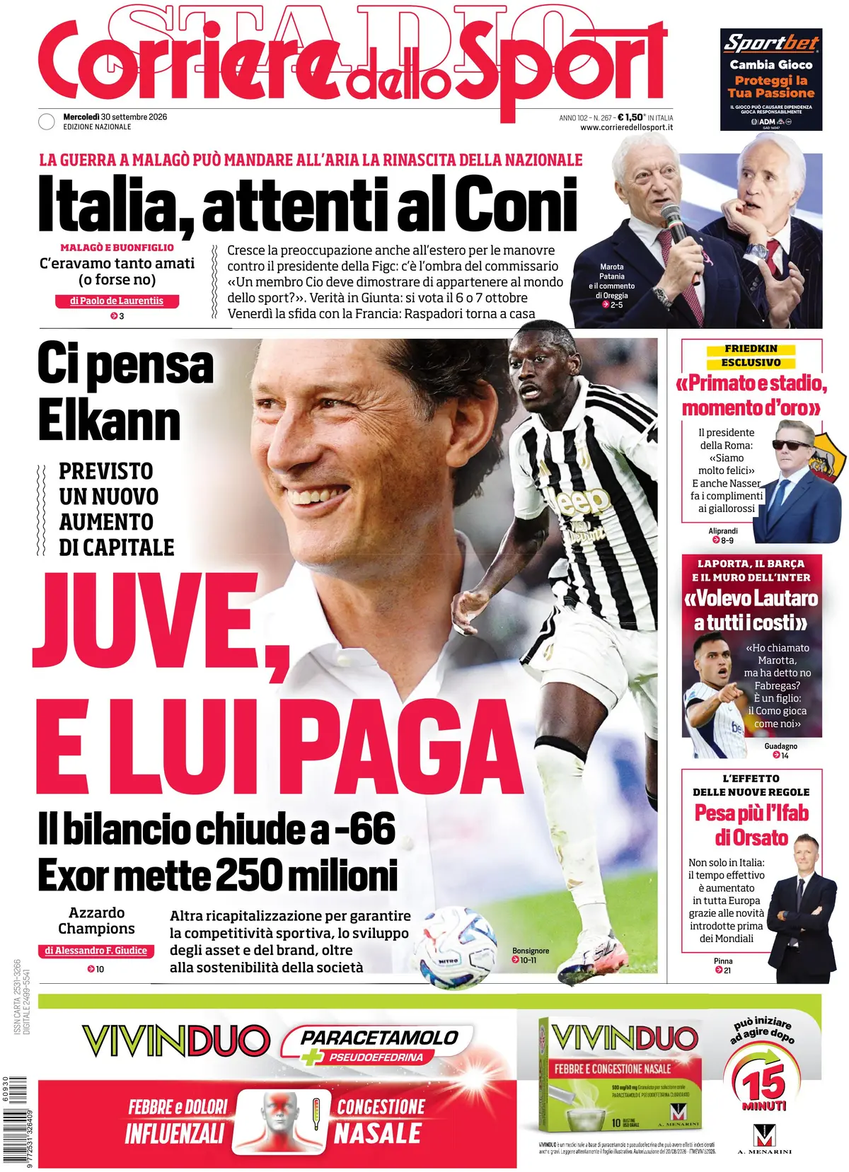 Prima Pagina Corriere dello Sport 30/09/2026