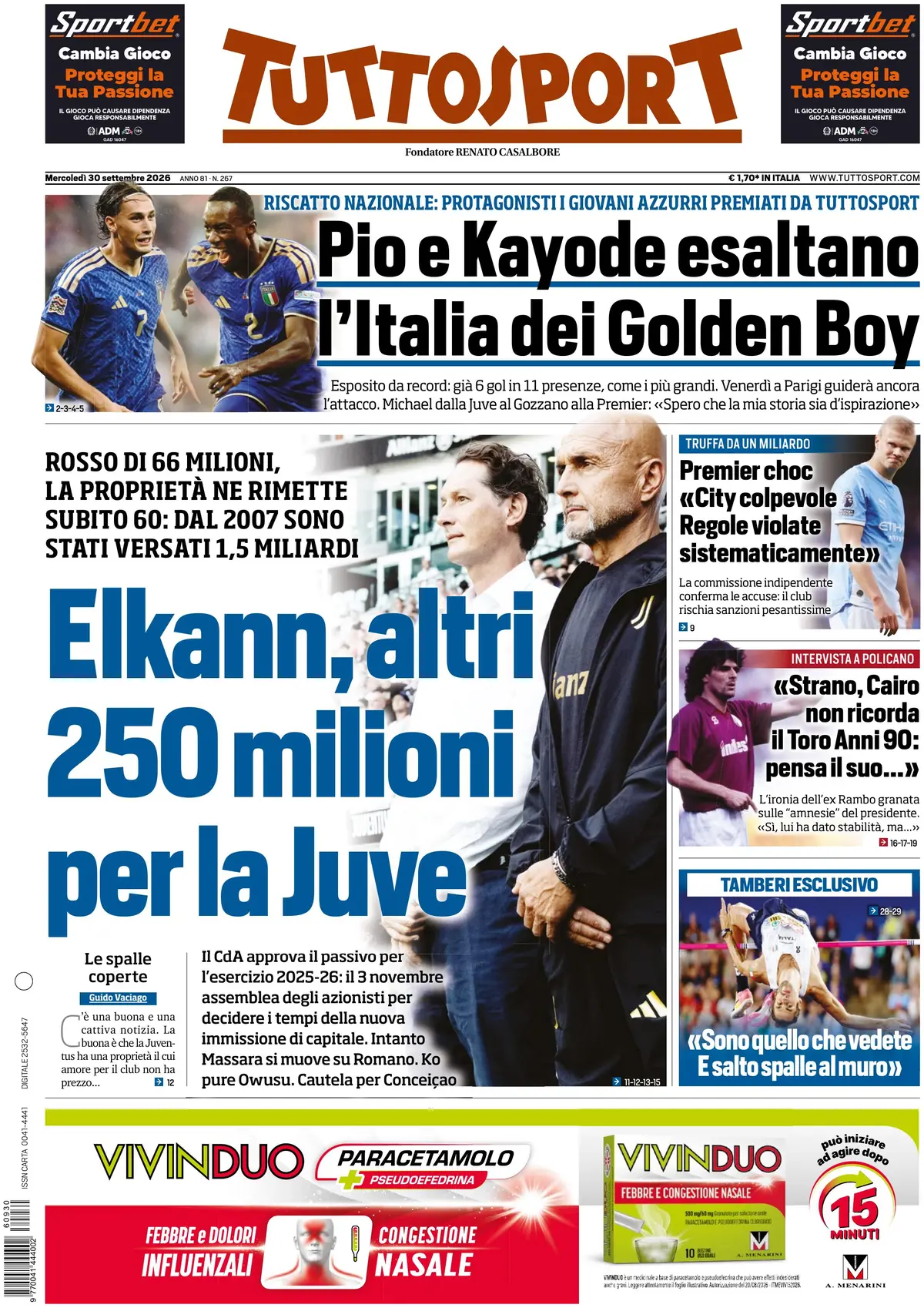 Prima Pagina Tuttosport 30/09/2026