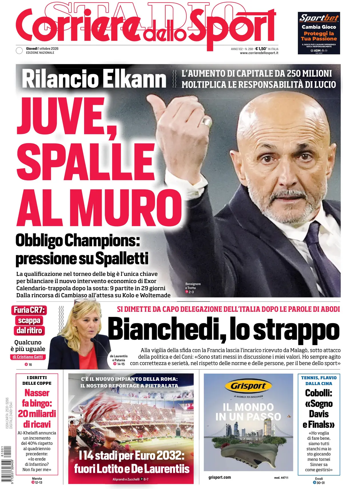 Prima Pagina Corriere dello Sport 01/10/2026