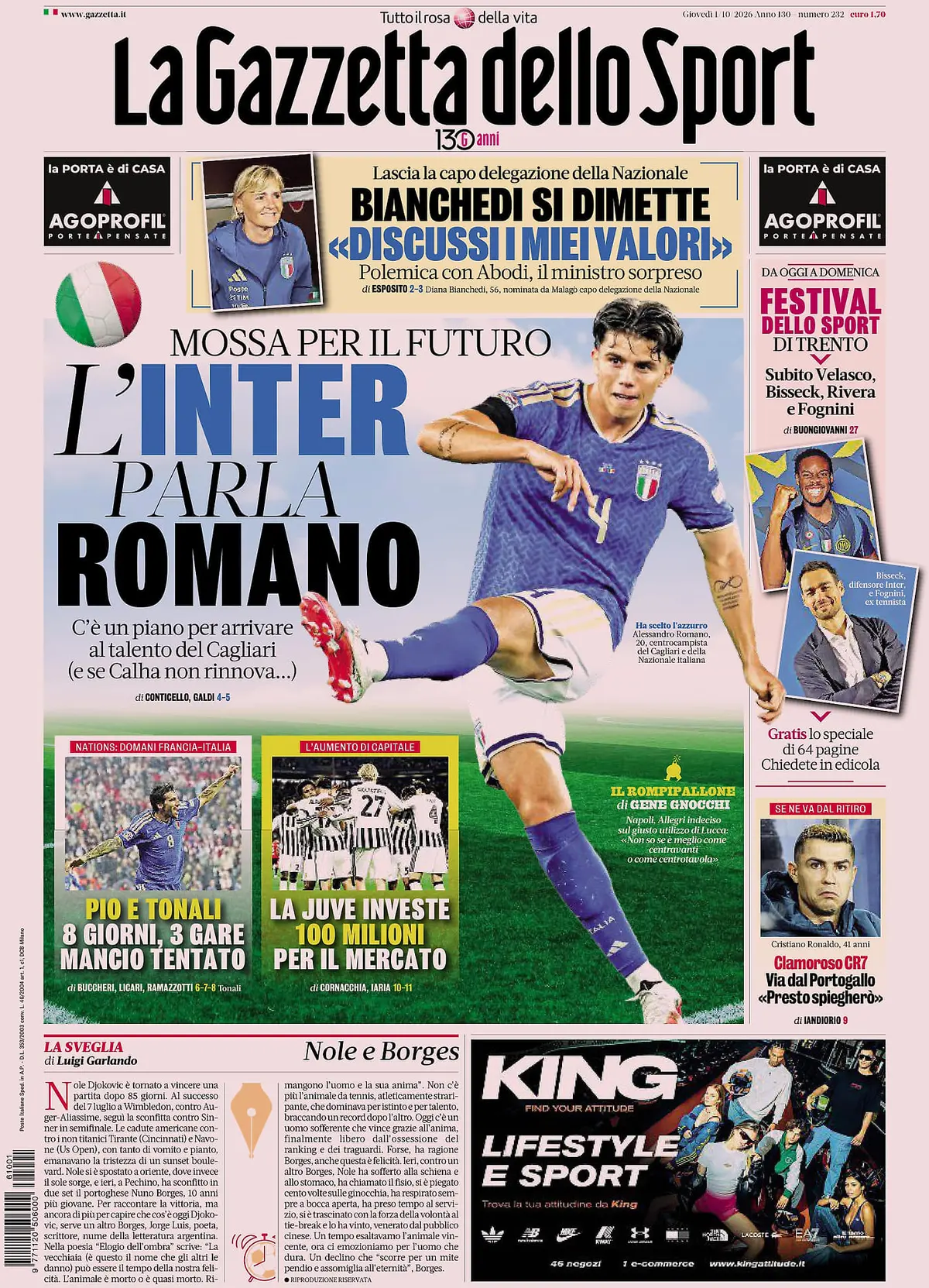 Prima Pagina La Gazzetta dello Sport 01/10/2026