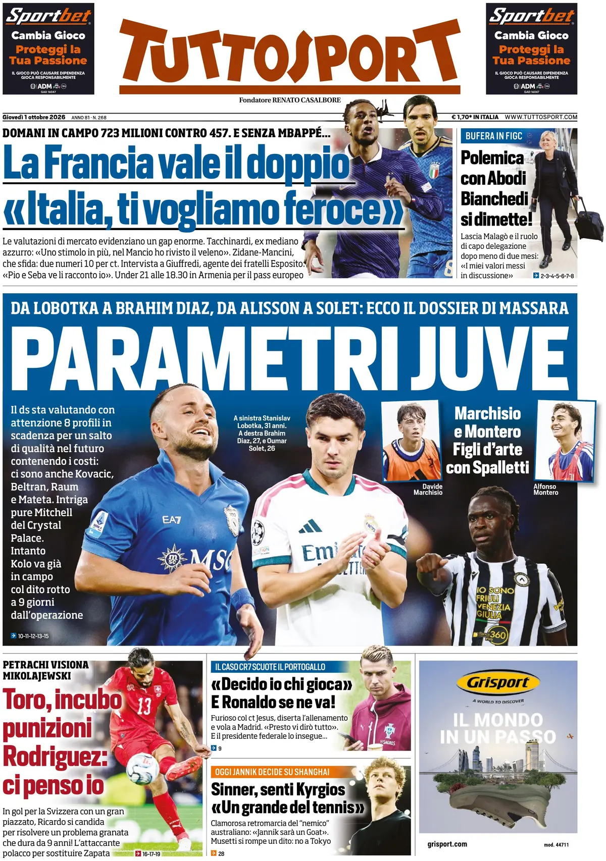 Prima Pagina Tuttosport 01/10/2026