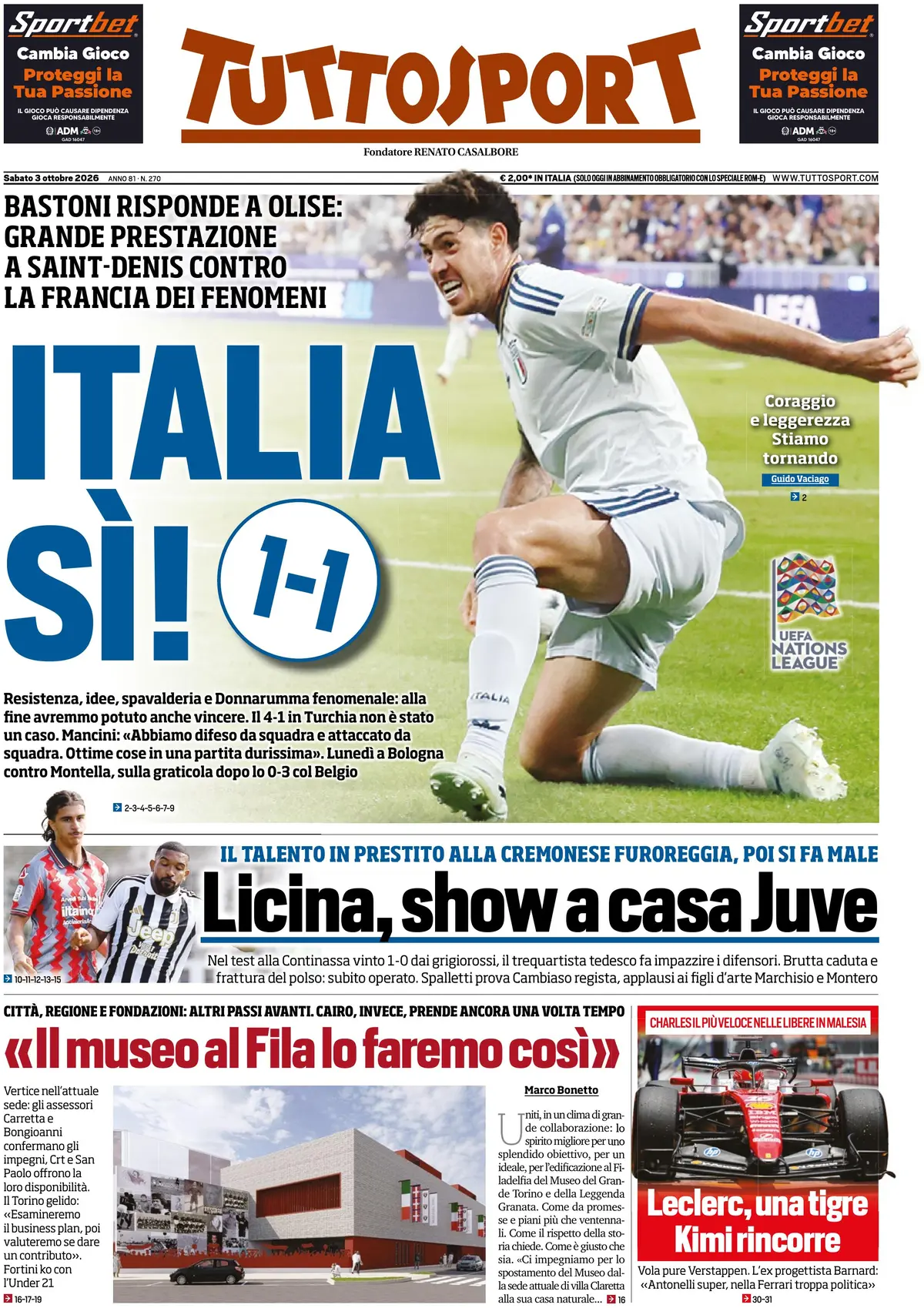 Prima Pagina Tuttosport 03/10/2026
