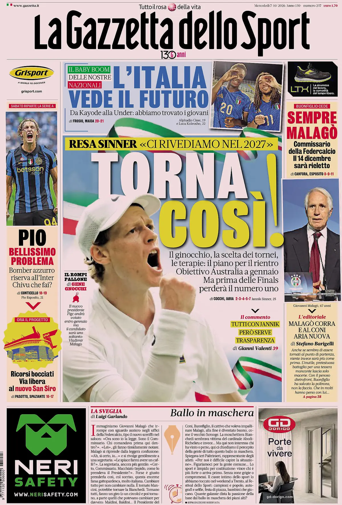 Prima Pagina La Gazzetta dello Sport 07/10/2026