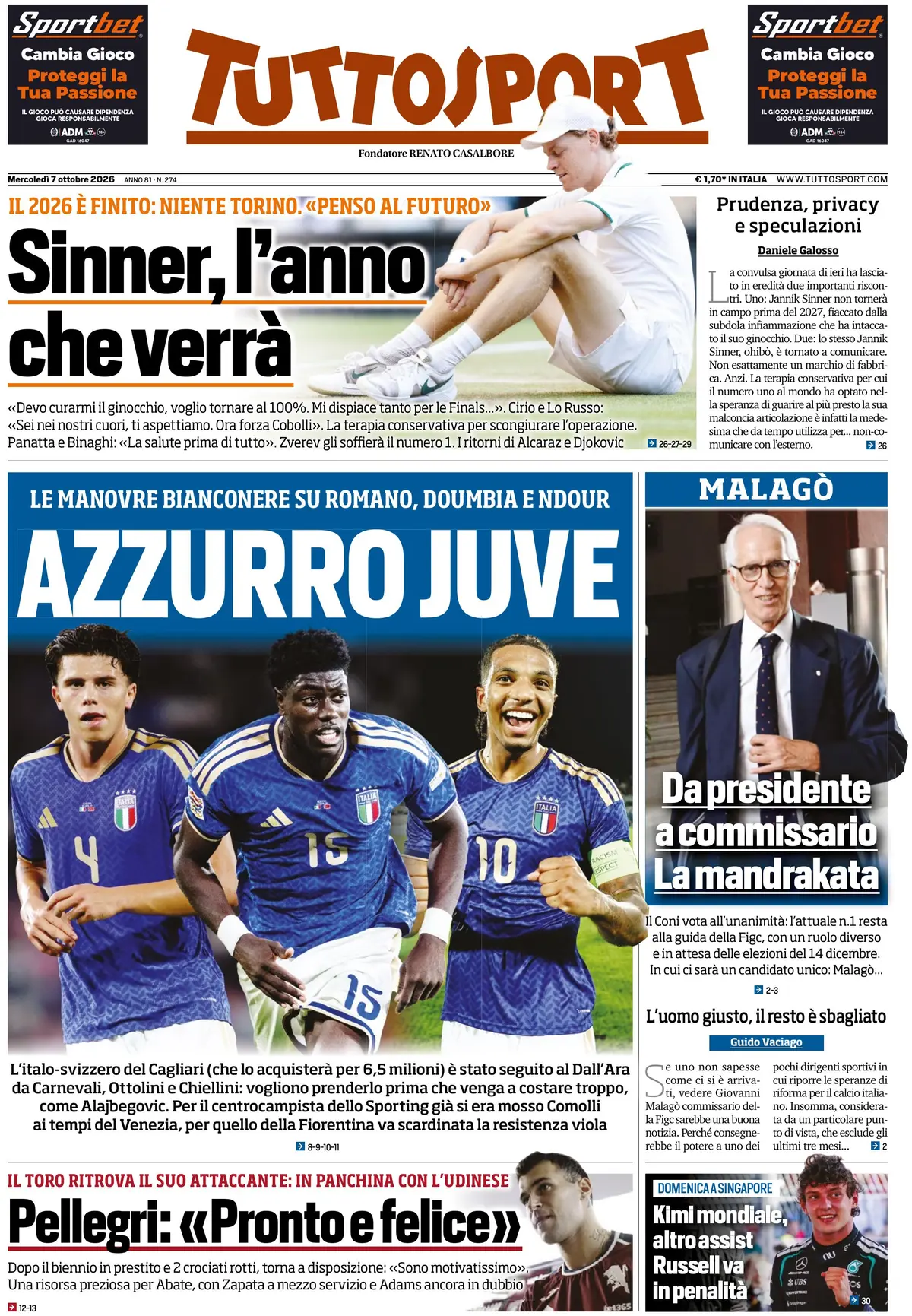 Prima Pagina Tuttosport 07/10/2026