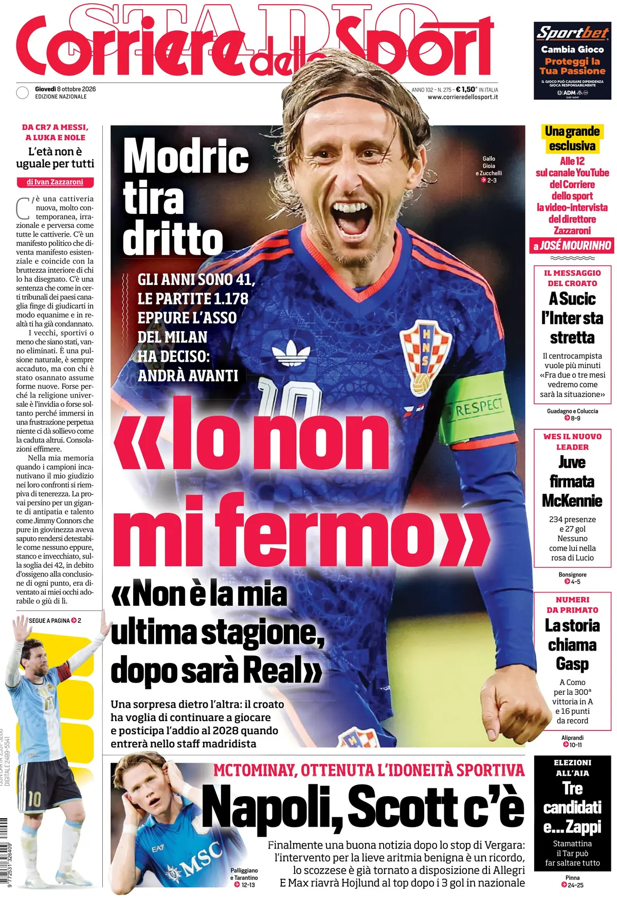 Prima Pagina Corriere dello Sport 08/10/2026
