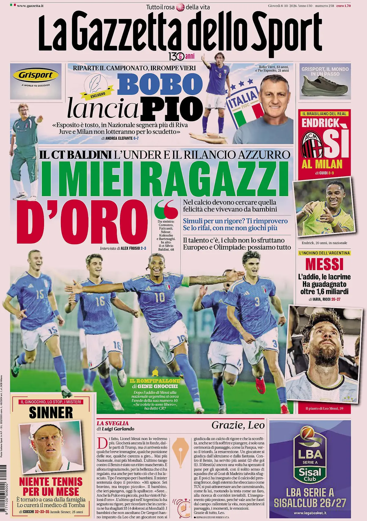 Prima Pagina La Gazzetta dello Sport 08/10/2026