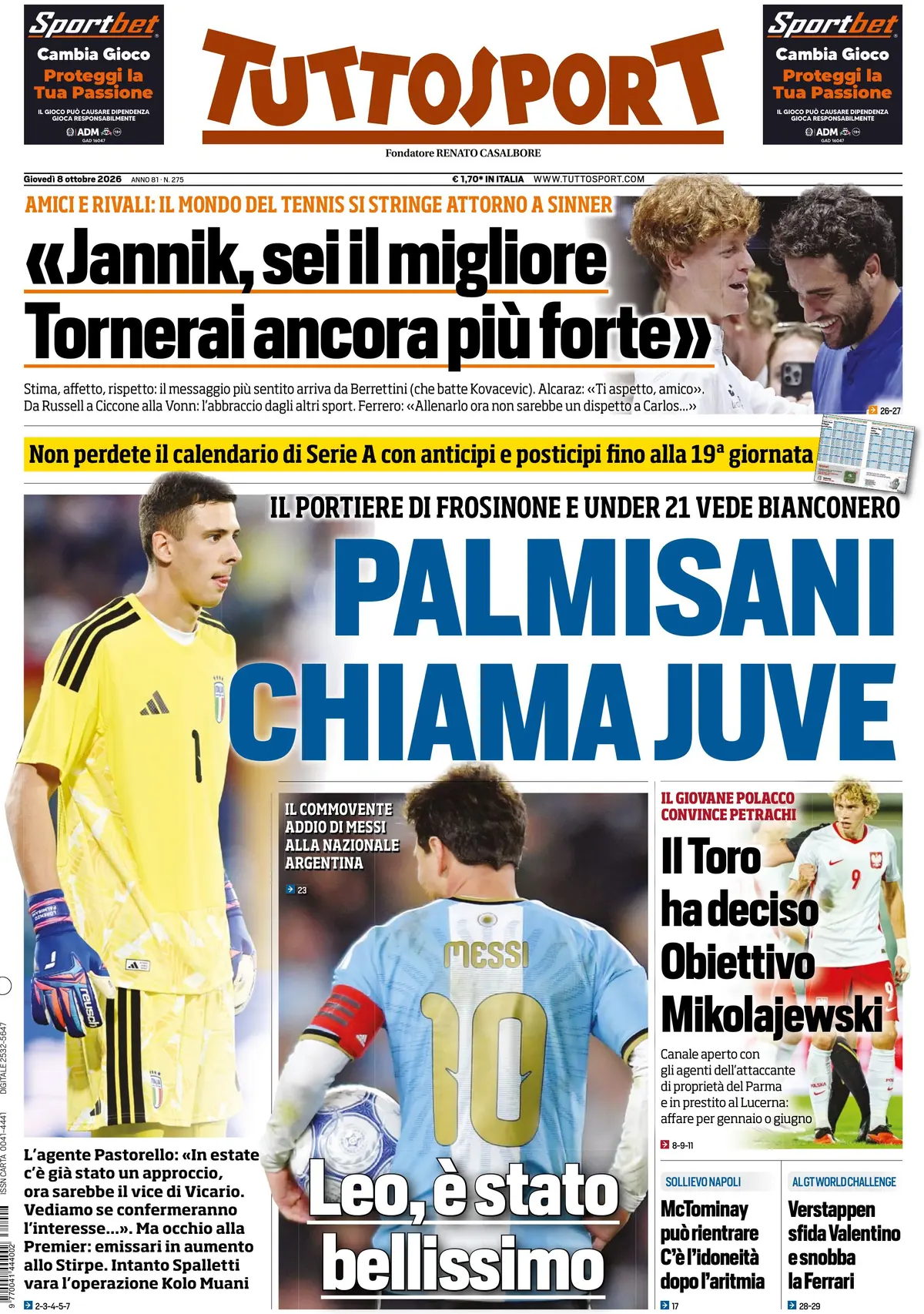 Prima Pagina Tuttosport 08/10/2026
