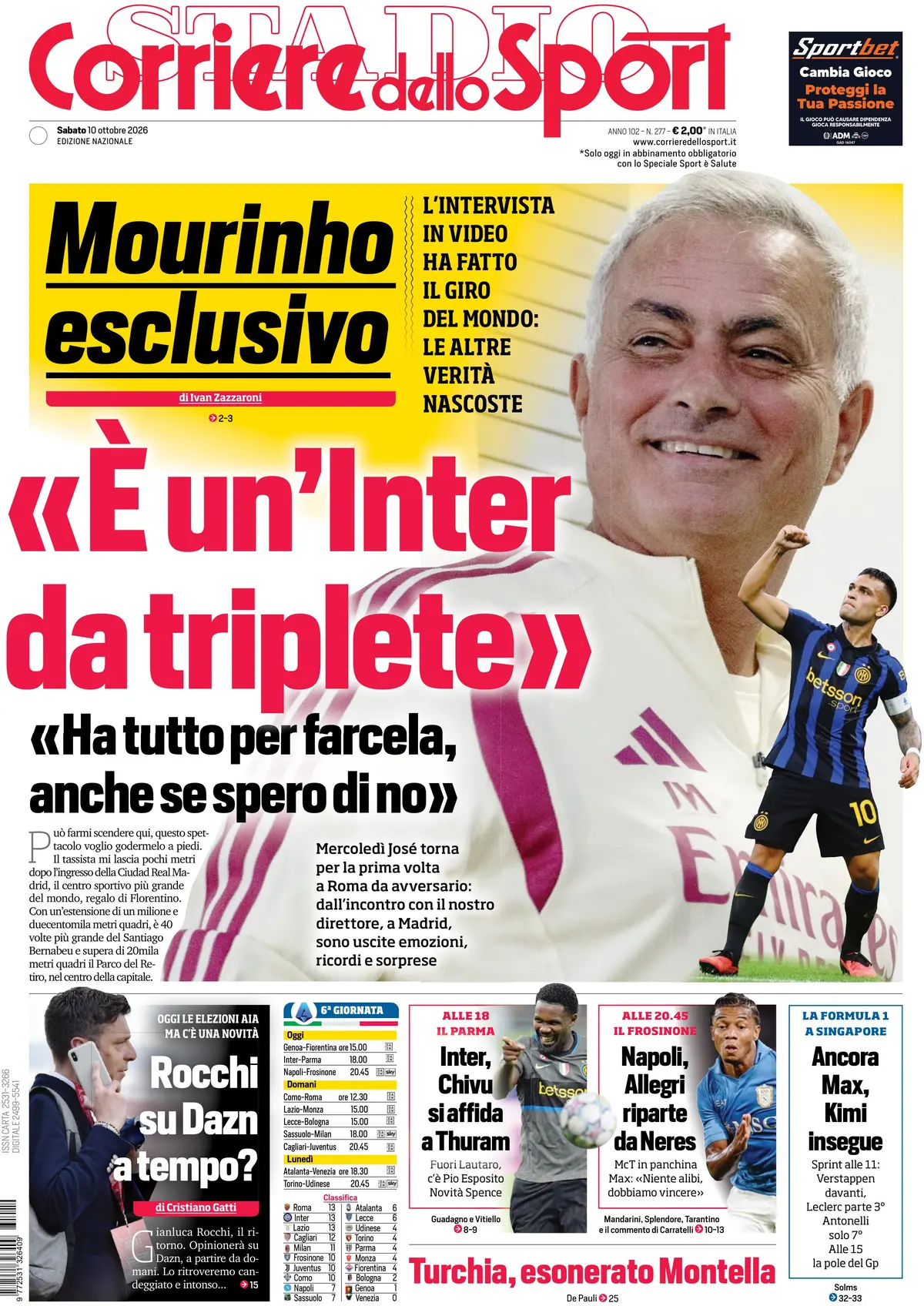 Prima Pagina Corriere dello Sport 10/10/2026
