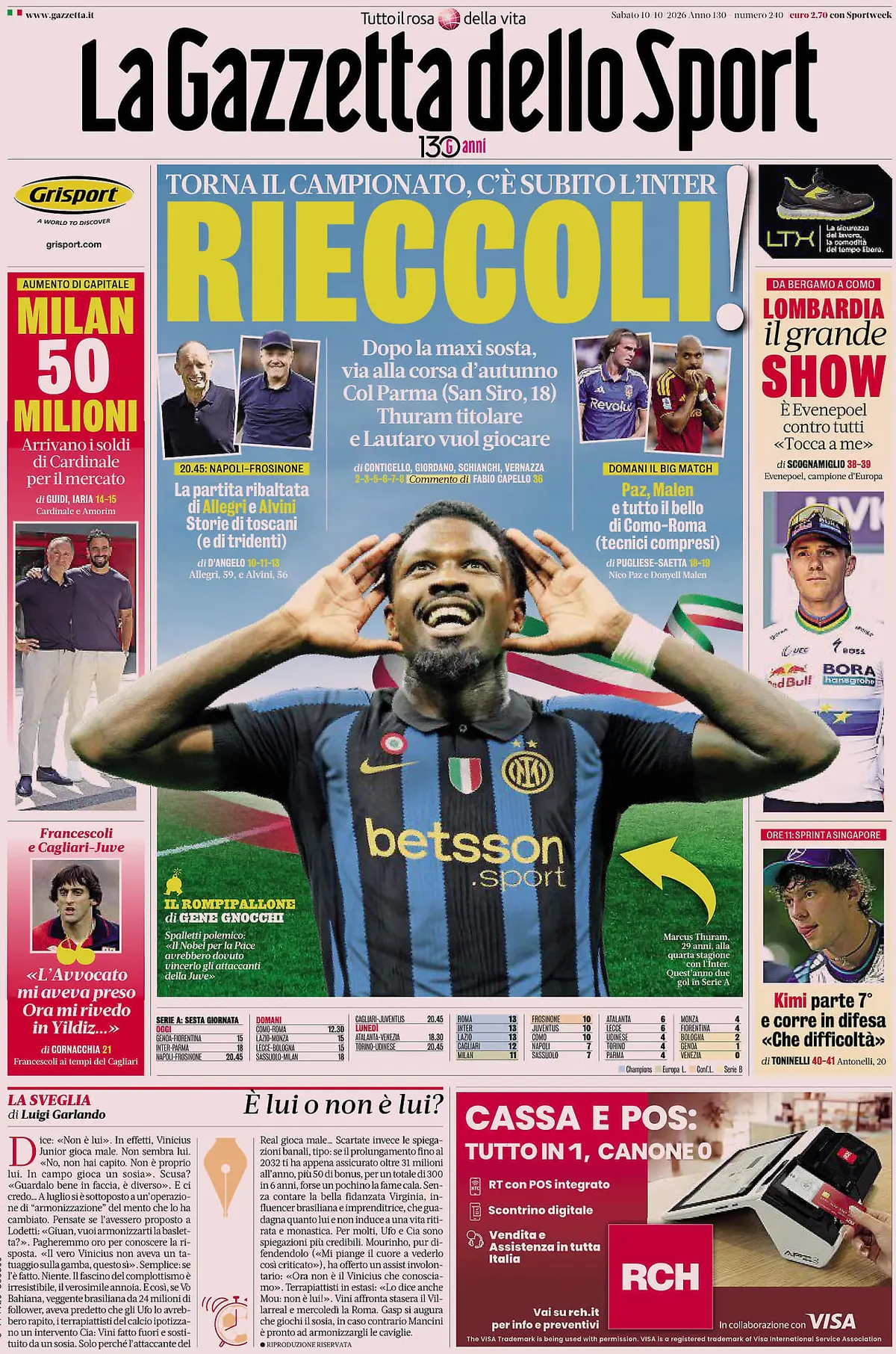Prima Pagina La Gazzetta dello Sport 10/10/2026