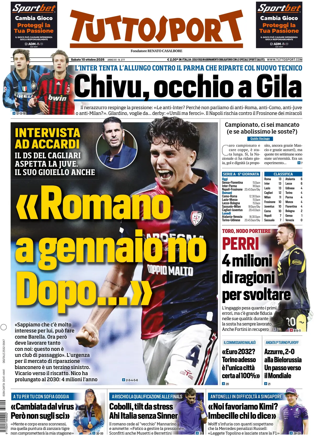 Prima Pagina Tuttosport 10/10/2026