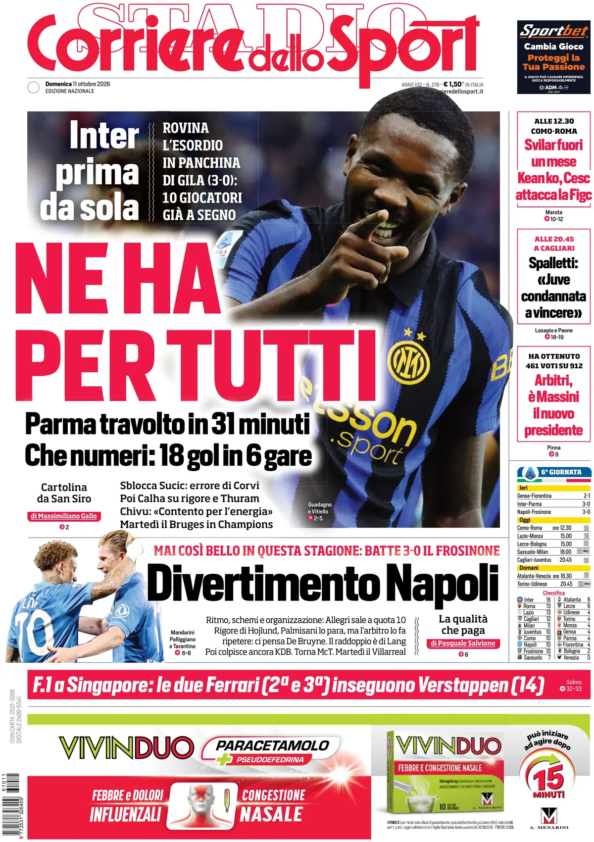 Prima Pagina Corriere dello Sport 11/10/2026