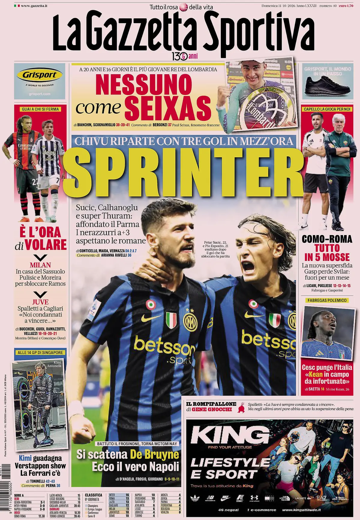 Prima Pagina La Gazzetta dello Sport 11/10/2026