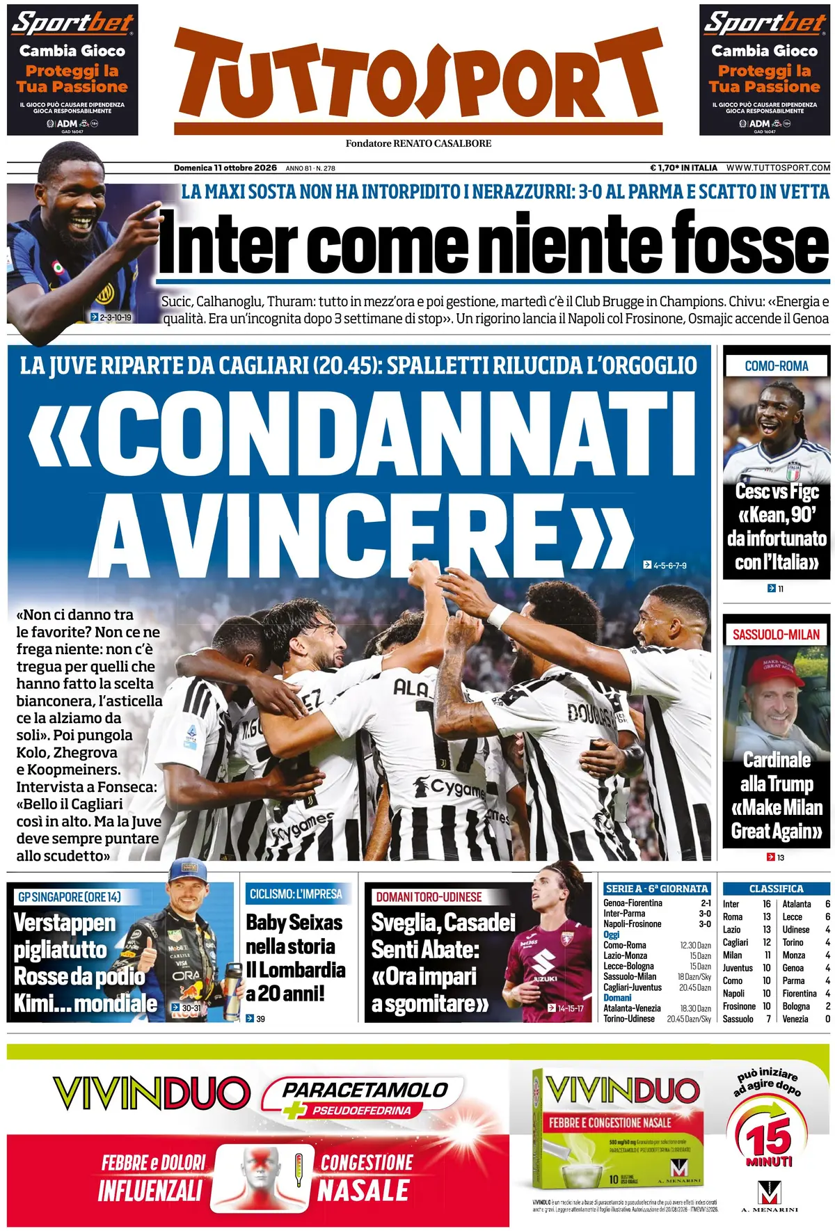 Prima Pagina Tuttosport 11/10/2026