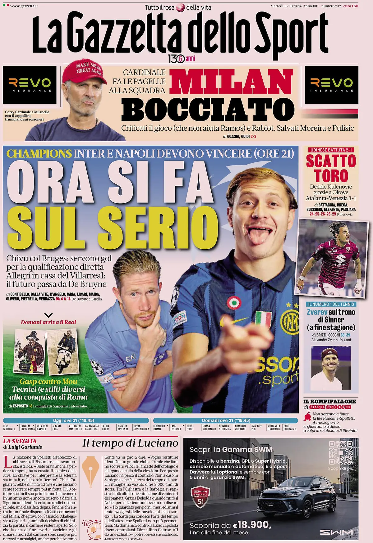 Prima Pagina La Gazzetta dello Sport 13/10/2026