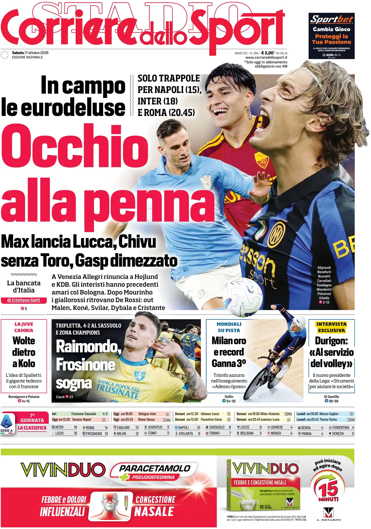 Prima Pagina Corriere dello Sport 17/10/2026