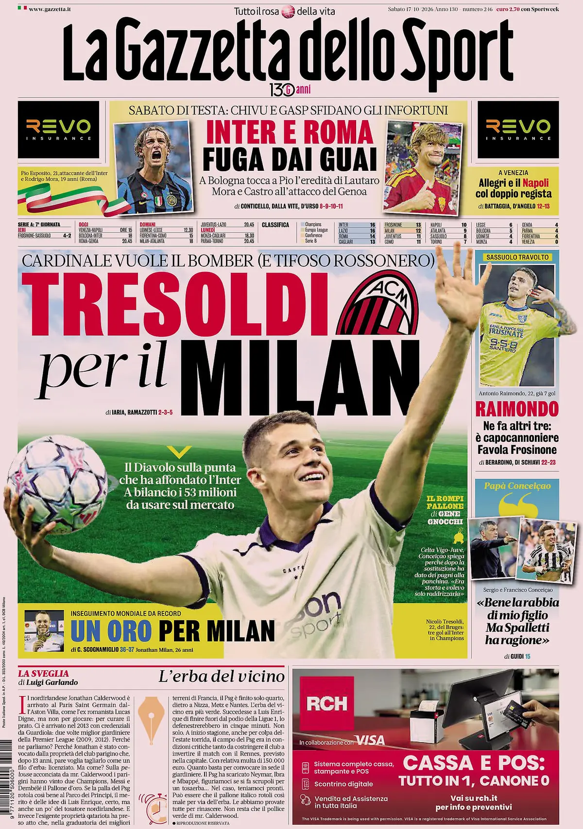 Prima Pagina La Gazzetta dello Sport 17/10/2026