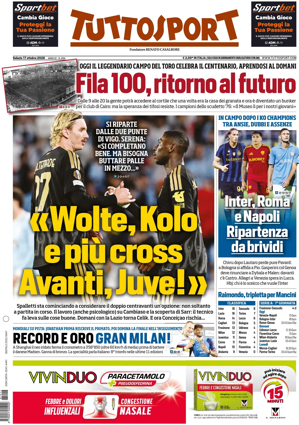 Prima Pagina Tuttosport 17/10/2026