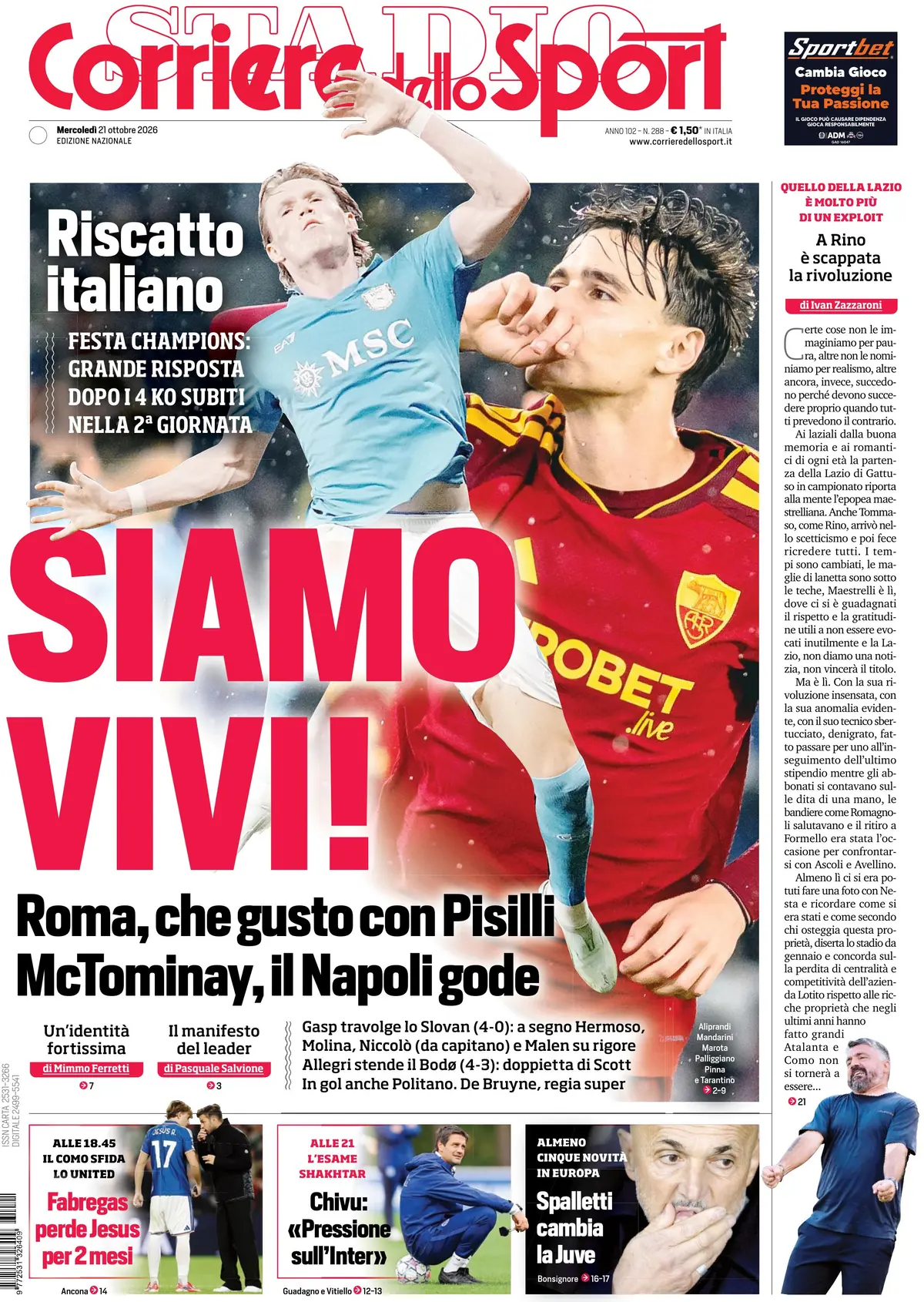 Prima Pagina Corriere dello Sport 21/10/2026