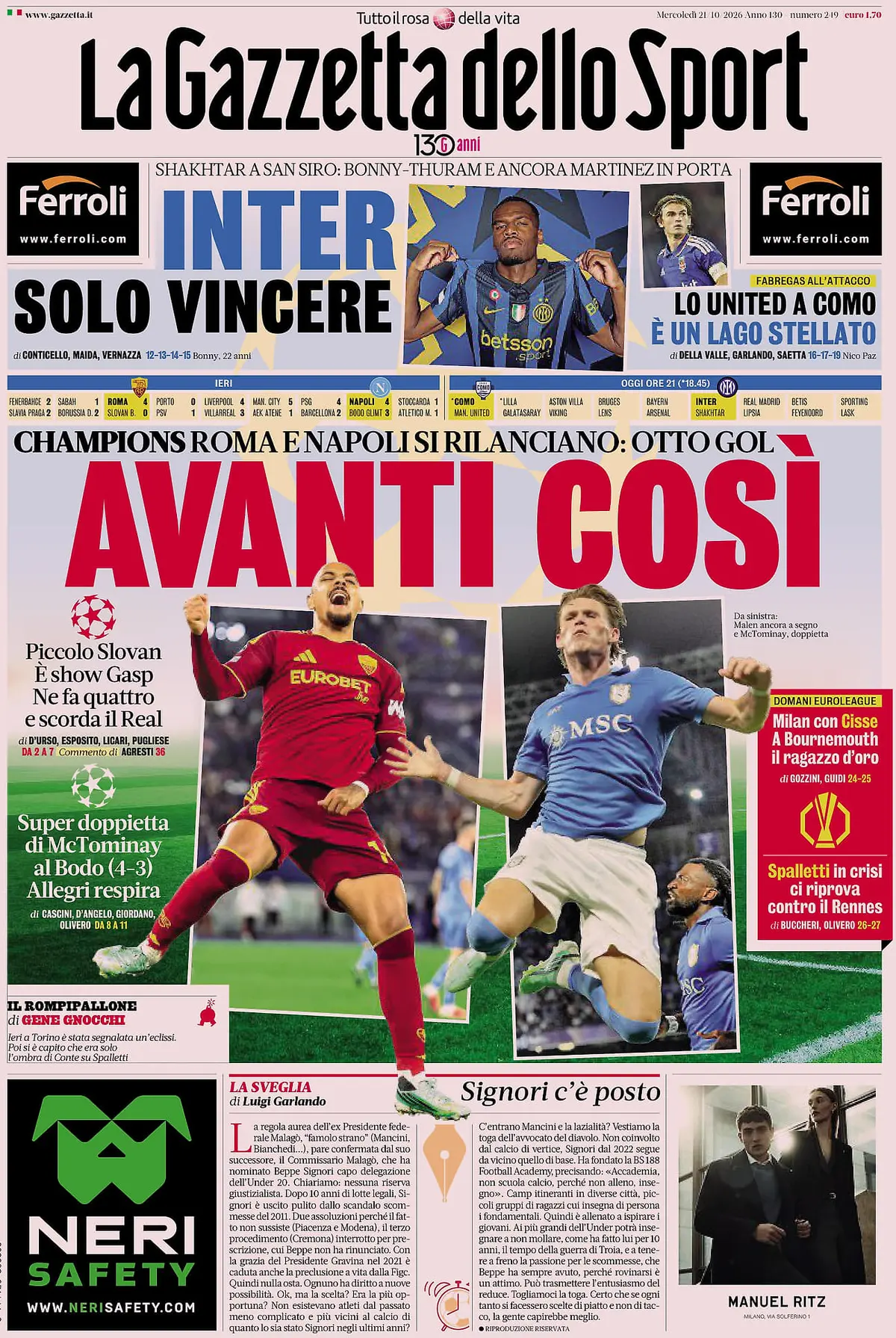 Prima Pagina La Gazzetta dello Sport 21/10/2026