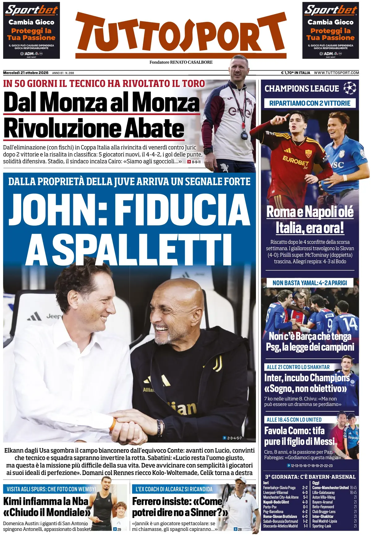 Prima Pagina Tuttosport 21/10/2026