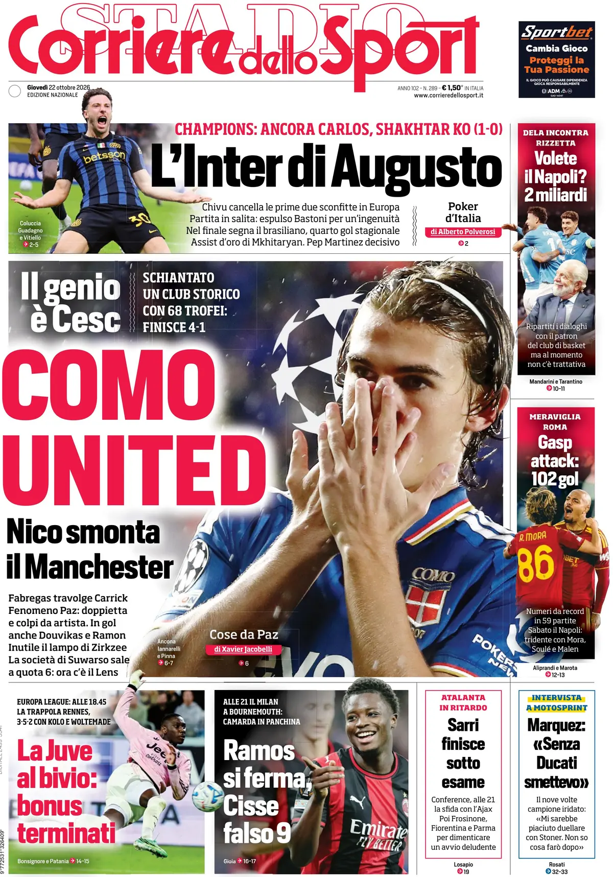 Prima Pagina Corriere dello Sport 22/10/2026