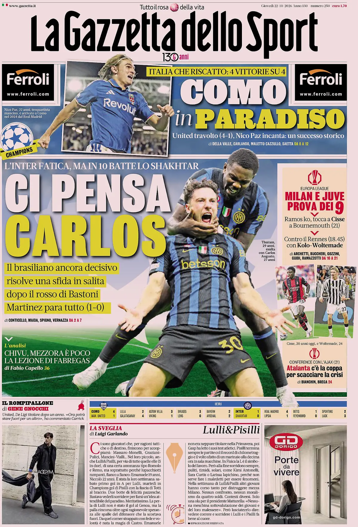 Prima Pagina La Gazzetta dello Sport 22/10/2026