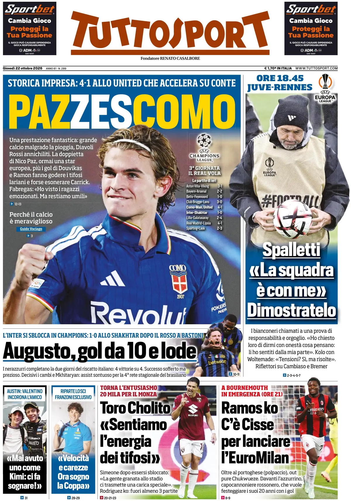 Prima Pagina Tuttosport 22/10/2026