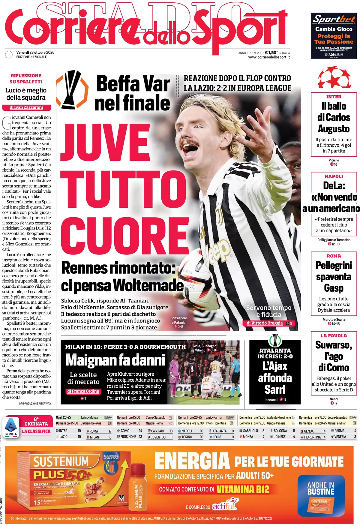 Prima Pagina Corriere dello Sport 23/10/2026