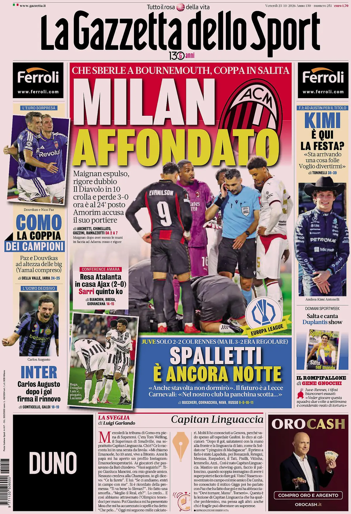 Prima Pagina La Gazzetta dello Sport 23/10/2026